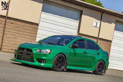 Mitsubishi Lancer Evolution X wrapped in Avery Dennison SW900 Gloss Radioactive Green Vinyl Wrap.